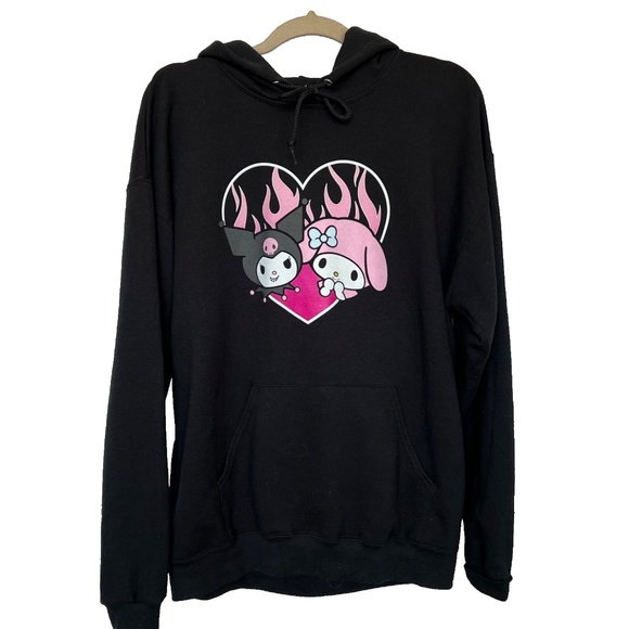 Sanrio Hoodie Size L Kuromi My Melody Pullover Sweatshirt Black Pink Heart - Picture 1 of 5